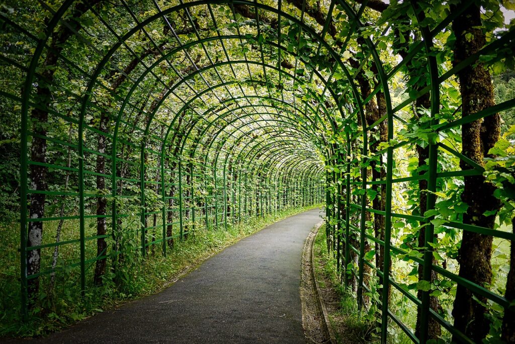 Decorative steel arches in a public park walkway