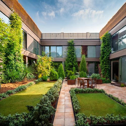 Modern rooftop urban garden with seating area and potted trees